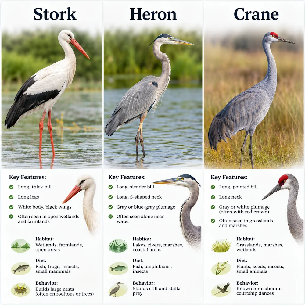 تفاوت لک‌لک، حواصیل و درنا (stork vs. heron vs. crane)
