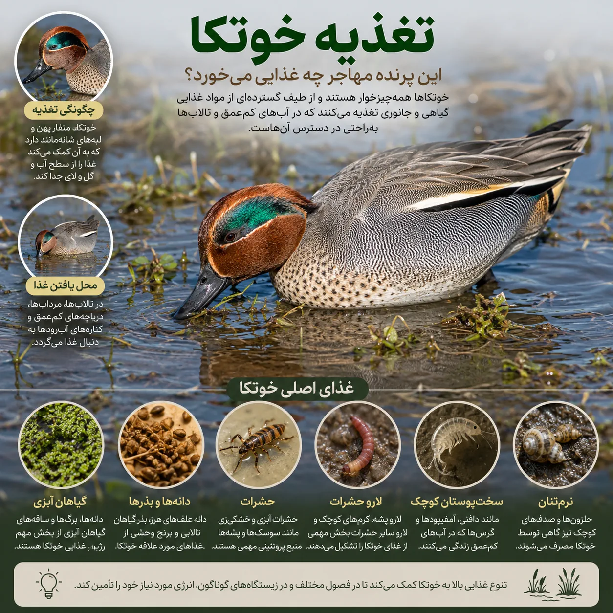 تغذیه خوتکا؛ این پرنده مهاجر چه غذایی می‌خورد؟