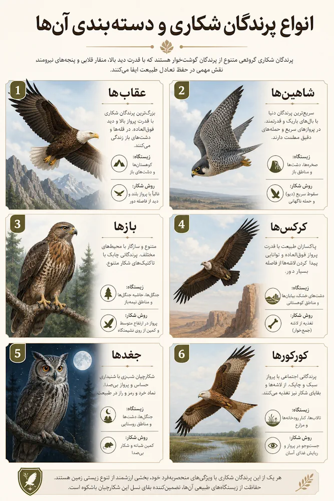 انواع پرندگان شکاری و دسته‌بندی آن‌ها